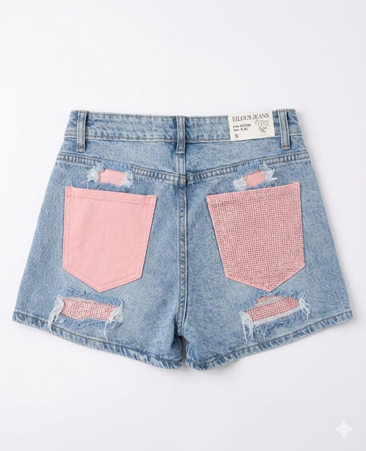 Short Strappati con Tasche Colorate e Brillantini